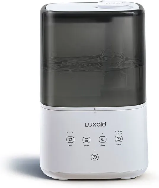 Luxaid 4,5 L Kalt- und Warmnebel-Luftbefeuchter für Zuhause, bis zu 47 m2, Befüllbarer Wassertank von oben, Touch-Steuerung, 4/8/12-Stunden-Timer, 20 dB ultra-leiser Schlafmodus, 360°-Nebeldüse, Aromatherapie für Schlafzimmer