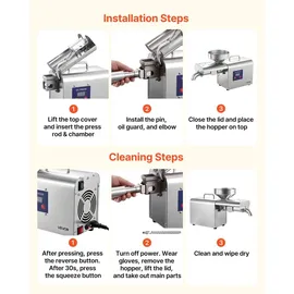 Vevor Elektrische Ölpresse 3,75 kg/h, Ölmühle 750 W, Automatische Ölpressmaschine mit Heißpressung von 50 °C bis 300 °C, Ölmaschine Geeignet für Erdnüsse, Sesam, Sojabohnen und Mandeln, Edelstahl