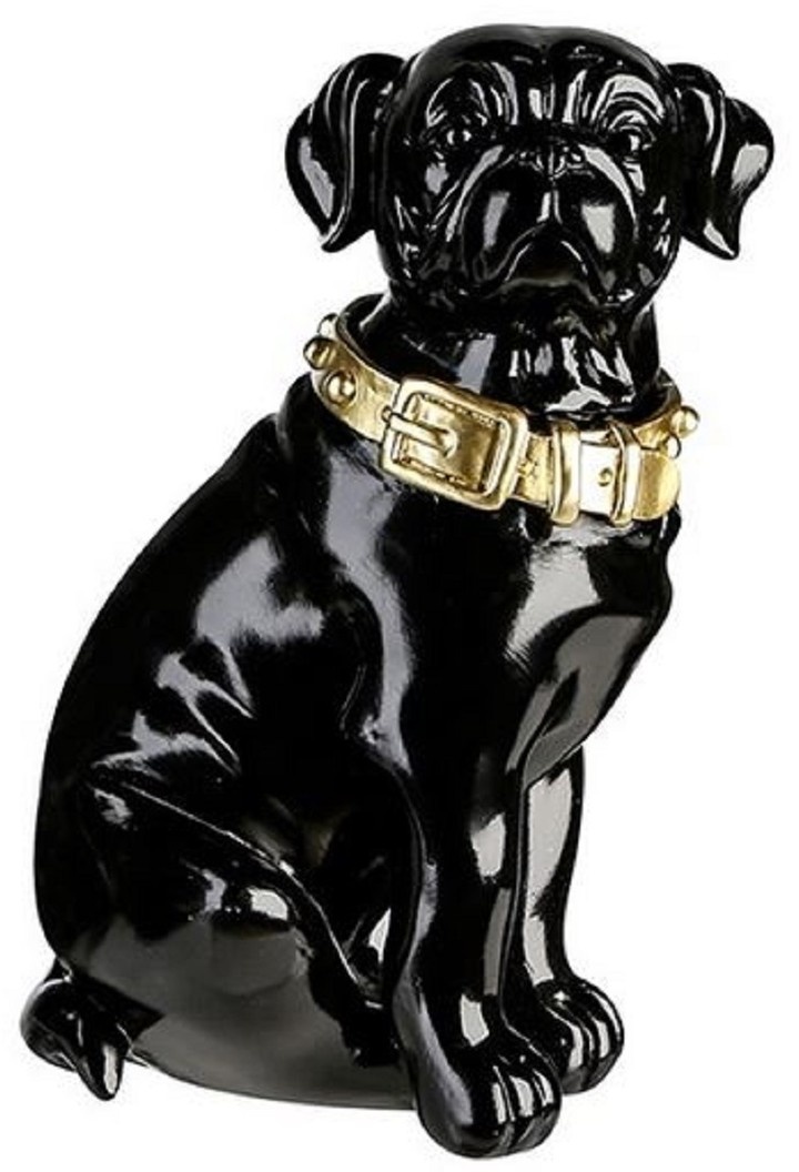 Casa Padrino Dekofigur Hund mit Halsband Schwarz glänzend / Gold 11 x 10 x H. 16 cm - Deko Accessoires