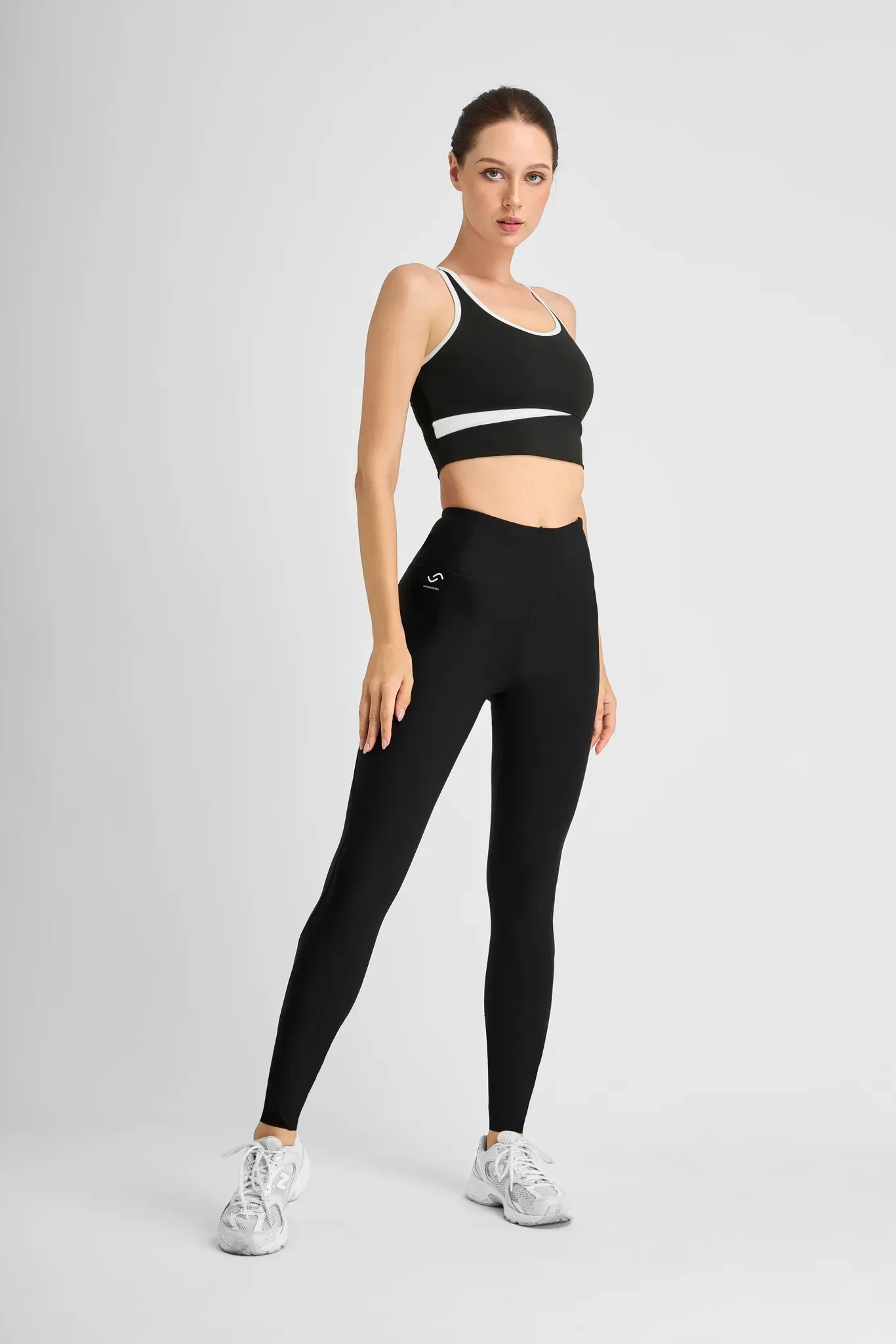 Damen mesh Leggings lang mit Handy-Taschen-Hüfttasche für Smartphone-schwarz schwarz M