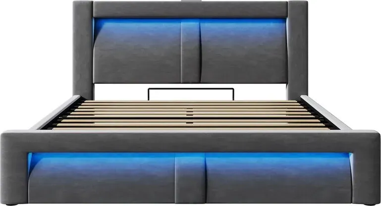 URBAN MEUBLE Doppelbett 140x200 cm mit Stauraum, hydraulischer Lift, LED-Beleuchtung, USB- & Typ-C-Anschlüssen, geschwungenem Kopfteil, Samtbezug, Grau, ohne Matratze