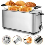 NULSTA Toaster Brotröster, Toaster Edelstahl, Langschlitz mit Brötchenaufsatz, 2 lange Schlitze, für 4 Scheiben, 1400 W, Stufe 7, Auftaufunktion, Vorheizfunktion, herausnehmbarer Backrost grau