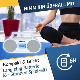 Klim Boombox B4 Radio mit CD Player + AM/FM Radio, MP3, Bluetooth, AUX, USB + tragbarer CD Spieler mit kabellosem Modus und aufladbaren Akku weiß