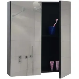 Mendler Spiegelschrank HWC-B19b, Badschrank Hängeschrank, 2 Regalböden hochglanz FSC®-zertifiziert 70x60x16cm ~ schwarz
