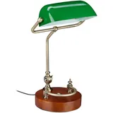 Relaxdays Bankerlampe, neigbarer Glasschirm, Holzfuß, E27-Fassung, Schreibtischlampe Retro, Bibliothekslampe, grün-braun, 42 x 26 x 25 cm