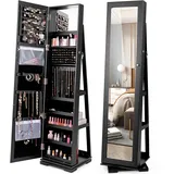 HOMASIS Schmuckschrank mit Spiegel & Leiterregal, 360°drehbarer Schmuckregal mit großem Stauraum aus Holz, abschließbarer Spiegelschrank mit Kettenhaken & Ringverschluss, 38x38x161 cm (Schwarz)