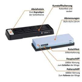 Wakoli Messer Schleifstein 1000er und 6000er Körnung (beidseitig) I Messerschärfer Set - Wetzstein zum Schärfen von Damast und Stahl Messern I Abziehstein mit Kunststoff Halterung