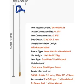 Vevor Frostsicherer Hofhydrant, 980 mm, Außenwasserhahn mit 304,8 mm Eingrabetiefe, G 3/4 Zoll Rohranschluss, Hebelgriff + Handrad, bleifreier Gartenhydrant für Bewässerung von Garten & Bauernhof