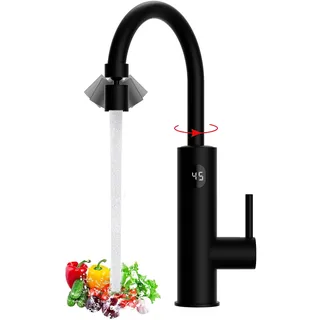 Wasserhahn mit Durchlauferhitzer Küche, 3200W Elektrischer Wasserhahn, LED Küchenarmatur mit Durchlauferhitzer, 2 Sprühfunktionen Sofortiger Warm Armatur, 360o Drehung Auslauf, Schwarz