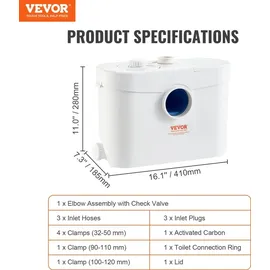 Vevor Hebeanlage, 700 W, 9600 l/h Durchfluss, 10 m Förderhöhe, Zerkleinerer-Abwasserpumpe mit 3 Wassereinlässen für Toilette, Keller, Küche, W...