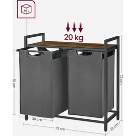 Songmics VASAGLE Wäschekorb 2 Fächer, mit Ablage, Wäschebox, Wäschesack aus Oxford-Gewebe ausziehbar abnehmbar, 2 x 46 L - Grau