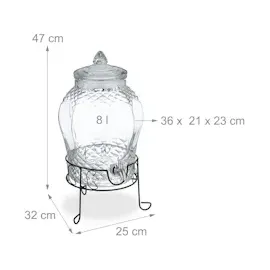 Relaxdays Getränkespender mit Ständer, Limobehälter 8L, Edelstahl Zapfhahn & Deckel, Wasserspender, Glas, transparent