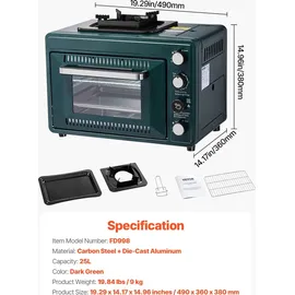 Vevor Outdoor Ofen 2 in 1 tragbarer Campingofen, einstellbare Feuerrate, 60-Minuten-Timer, winddicht, mit Grillrost und Bratblech, für Campingausrüstung Picknick im Garten Kochen im Freien