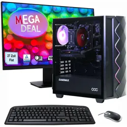GAMEMAX PC-Komplettsystem "MegaDeal Gaming-PC-Set Diamond BK", E (A-G), schwarz, Microsoft Windows 11 Home (64 Bit), 32 GB RAM, Computer-Komplettsysteme, Windows 11 + MSI PRO MP273ADE Monitor, 69cm (27") + Maus & Tastatur