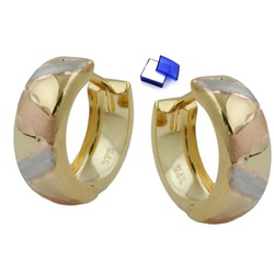 unbespielt Paar Creolen Ohrringe Creole Tricolor Optik diamantiert 12 x 5 mm Klappscharnier 9 kt Gold inklusive kl. Schmuckbox, Goldschmuck für Damen goldfarben