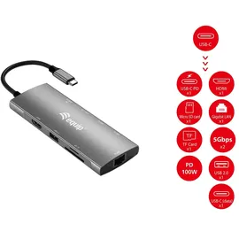Equip USB-C 9-in-1-Multifunktionsadapter, HDMI 4K/60Hz, Gigabit LAN, USB 3.2 GEN1, SD/TF, 100W USB PD