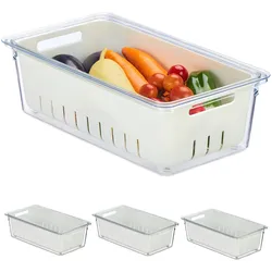 Relaxdays Kühlschrank Organizer, 4er Set, stapelbar, Abtropfkorb, Lebensmittel Organizer mit Deckel, transparent/weiß