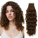 RUNATURE Lockig Tape Extensions Echthaar Braun Echte Haare 40cm Braun Extensions Echthaar Tape 20 Stück Extensions Locken Echthaar Tape Locken Unsichtbare Haarverlängerung 50g #4NW
