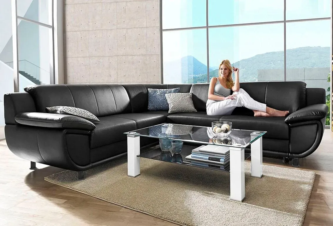 Ecksofa TRENDMANUFAKTUR "Rondo wahlweise mit Schlaffunktion, 267x247 cm (BxT), breite Armlehnen" Sofas Gr. B/H/T: 267cm x 85cm x 247cm, NaturLEDER, langer Schenkel rechts, Mit Federkern, mit Bettfunktion, schwarz L-Form, wahlweise mit Federkern bestellbar, Füße