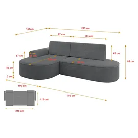 altdecor Eckcouch Cord 2-Sitzer Dunkelgrau