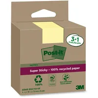 Post-it Super Sticky 100% Recycling Notes, 3+1 GRATIS-Blöcke/Packung, 70 Blätter pro Block, 76 mm x 76 mm, Gelb - Extra starke Haftnotizen aus 100% Recyclingpapier