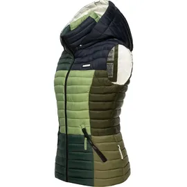 Navahoo Damen Steppweste leicht mit Abnehmbarer Kapuze Colourblocking-Stil Shadaa Multikulti Multicolour Green Forest Gr. S - S