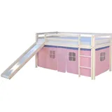 Homestyle4u Hochbett weiß mit Rutsche und Stoffvorhang rosa