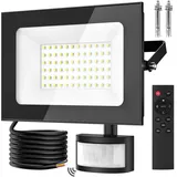 papasbox 50W LED Strahler mit Bewegungsmelder Außen Lichtsensor | Außenstrahler Scheinwerfer Aussen mit Fernbedienung | 6500K Kaltweiß IP66 Wasserdicht Fluter für Garten Garage Sportplatz