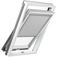 Dachfenster mit verdunkelndem Innenrollo in Hellgrau, PVC, Schwingflügel, RoofLite+ made by Velux Group, Solid PVC, Innen Weiß, außen Anthrazit