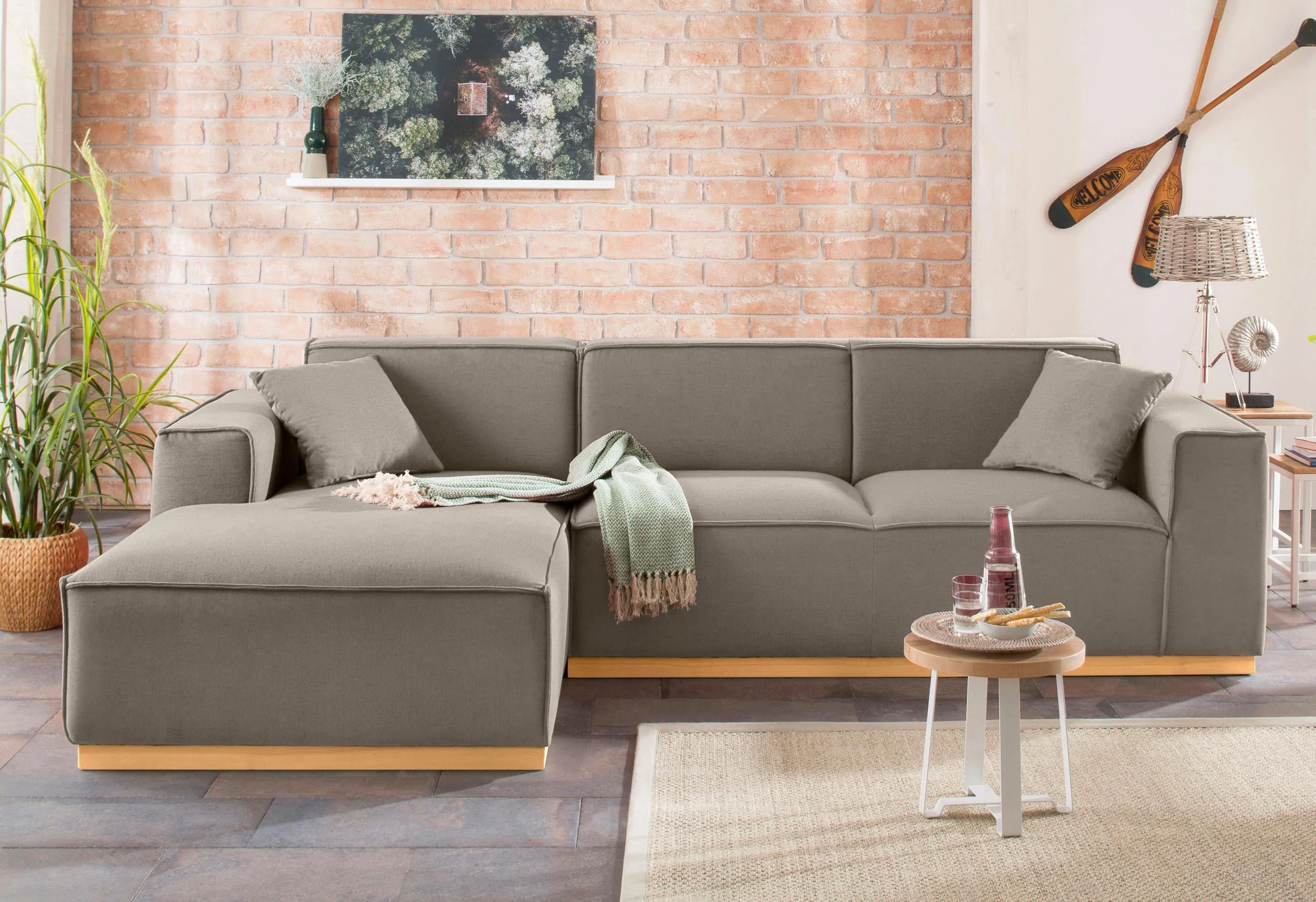 Ecksofa HOME AFFAIRE "Terry L-Form" Sofas Gr. B/H/T: 274cm x 75cm x 165cm, Struktur fein, Recamiere links, Ecksofa frei im Raum stellbar, braun Ecksofa Möbel Polstermöbel Sofas mit offener Kedernaht und Holzuntergestell