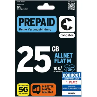 congstar Prepaid ALLNET M SIM-Karte ohne Vertrag I 25 GB Prepaid-Paket + 40€ Wechselbonus, in D-Netz Qualität I 5G mit 25 Mbit/s I Telefonie & SMS Flat in alle dt. Netze