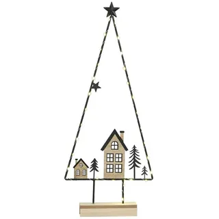 finehomegarden Dekofigur Baum Metall schwarz auf Fuß mit LED Aufsteller Haus Tannenbaum (1 St), 27x6cm H64cm schwarz/natur Weihnachten Advent Landschaft beige|braun|schwarz