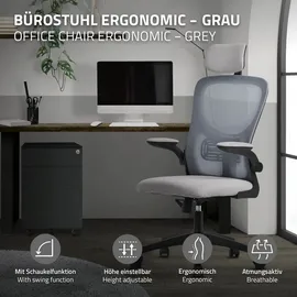 ML-Design Bürostuhl ergonomisch, Grau aus Mesh, mit Verstellbarer Kopfstütze, Armlehnen, Lendenwirbelstütze, Wippfunktion,