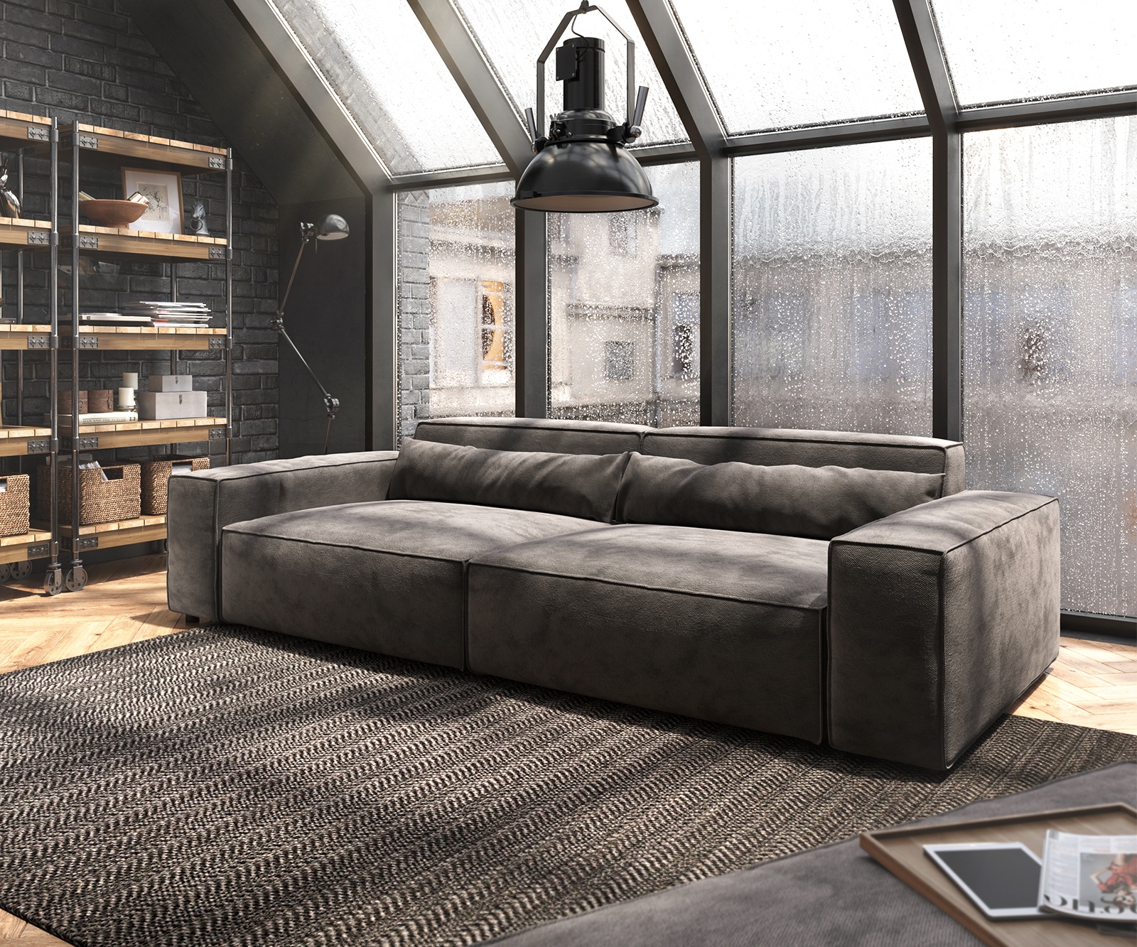 DELIFE Big-Sofa Sirpio XL 270x130 cm Microfibre Marron Kaki avec Tabouret, Grands canapés