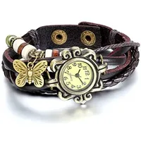 JewelryWe Damen Armbanduhr, Retro geflochten Leder Armband Armreif Armkette Uhr mit Schmetterling Anhänger, Braun Bronze