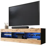 komodee Lowboard, Schwarz, Eiche Wotan, Glas, 3 Fächer, Rechteckig, 140x40.5x35.5 cm, Wohnzimmer, Wohnwände, Lowboards, Lowboards stehend