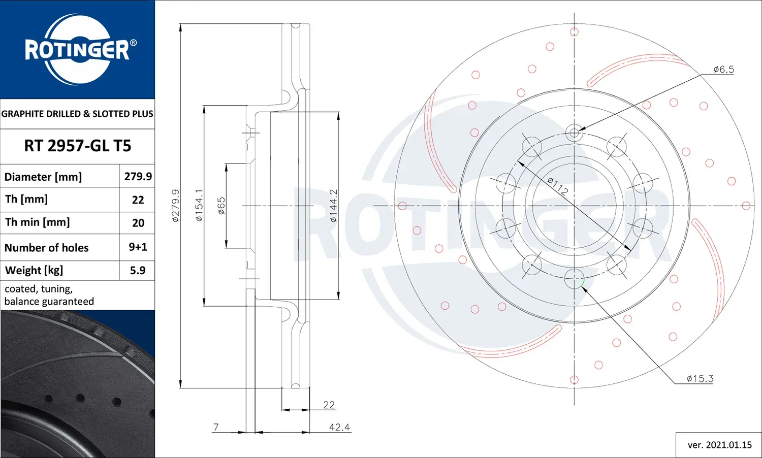 ROTINGER Bremsscheibe rt2957glt5 Vorderachse Gelocht 280mm 22mm für VAG SEAT VW (FAW) (SVW)