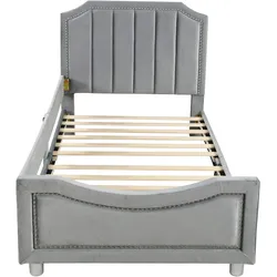 Merax Polsterbett 90*200cm Schlafsofa Bettgestell Flanell mit Rückenlehne Armlehne Gästebett Grau
