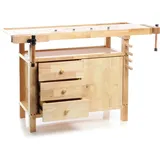 Wiltec Werkbank bis 150 kg, Werktisch mit Spannzangen, Schubladen und Gerätefach, Arbeitstisch aus Rubberwood