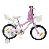 Makani Kinderfahrrad Aurora 16 Zoll Stützräder, Metallrahmen, Korb, Puppensitz rosa