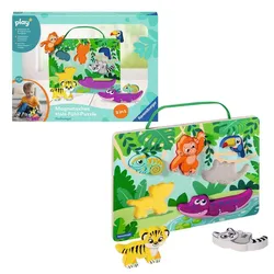 Ravensburger 4872 play+ Magnetisches Holz-Fühl-Puzzle: Dschungel, 6 Puzzleteile und stabiles Holzbrett, Holzpuzzle