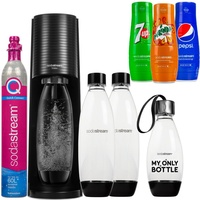 SodaStream Terra Black Wassersprudle drei schwarze Flaschen + 3 Sirupe (Pepsi + Mirinda + 7UP)