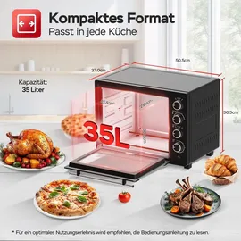 Z-Line TurboTronic Minibackofen mit Umluft und Drehspieß 35 Liter, Schwarz, inkl. 2x Backblech, 1600W Mini Backofen Camping Pizzaofen Klein/Groß