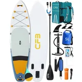 CFB SUP-Board XL 335x86x15 cm, extra breites Stand Up Paddle Board, aufblasbares iSUP, (Komplett-Set, mit Paddel, Pumpe, Rucksack, Leash, Dry Bag, Handyhülle & Schultergurt), 200 kg Traglast, für Anfänger & Erwachsene blau|gelb|weiß