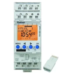 Theben 6224100 Reiheneinbau-Digital-Zeitschaltuhr 2 Kanäle, 7 Tage, Textzeile, Steckkl., 2 TE TR 622 top2 24V