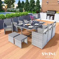 Swing&Harmonie Poly Rattan Sitzgruppe Esstisch Lounge Gartenmöbel Sitzgarnitur Set + 6x Stühle + 4x Hocker - grau