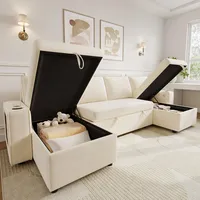 Merax U-förmiges Ecksofa mit Schlaffunktion, Schlafsofa mit Bettkasten, Wohnlandschaft mit Stauraum, USB & Type-C, Becherhalter, Chenille, Grau