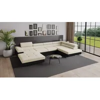 Goldstoff Wohnlandschaft RELAX U Ecksofa mit Schlaffunktion, Kunstleder & Samt, 345 × 205 cm, zwei Bettkästen, verstellbare Kopfstützen beige|schwarz