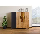 Massivmoebel24 Highboard Wildeiche mit Glastür 142x43x145 natur geölt LINDAU #117 - 2 Jahre Gewährleistung - mind. 14 Tage Rückgaberecht - Beige