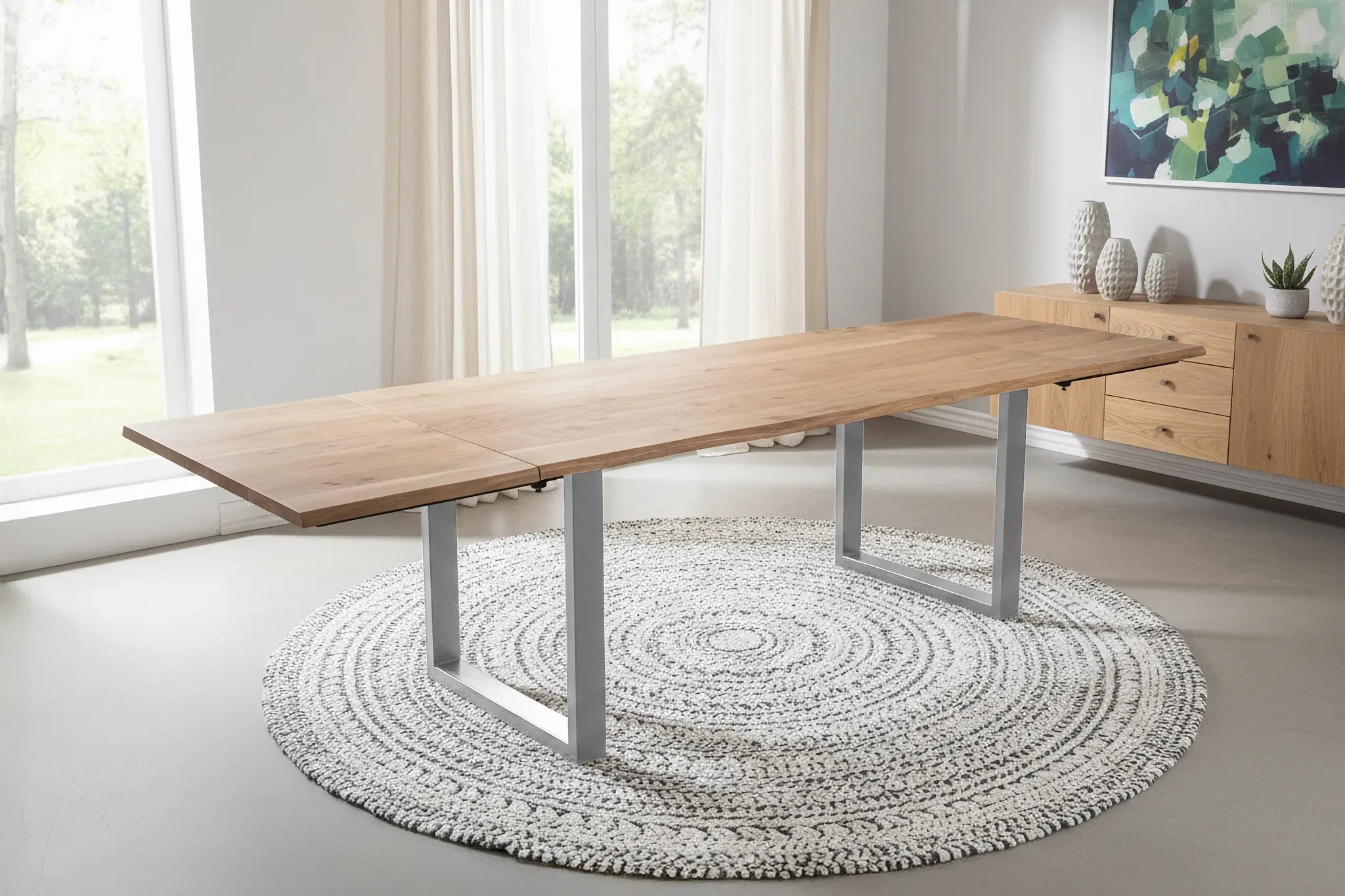 Esstisch Baumkante Akazie natur 160(260)x90 Ansteckplatten U-Gestell silber AVINO